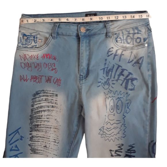Blue Topic Womens Girls Teen Denim Graphic Stretch Blue Jeans Size 15/16 - Picture 4 of 6